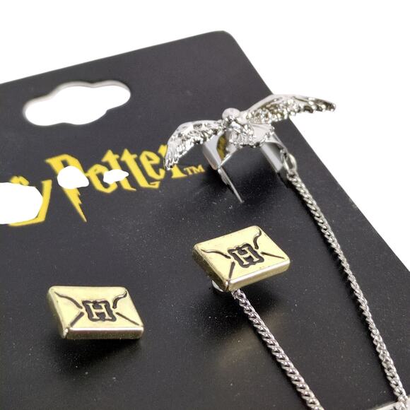 Harry Potter Hedwig Owl & Hogwarts Letter Stud Earrings w/ Ear Cuff Set NEW - Picture 3 of 5